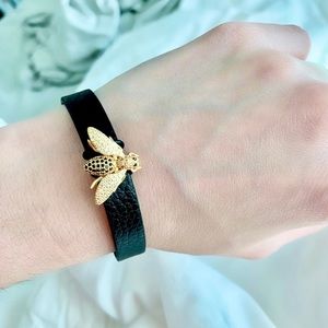 Gold Crystal Bumble Bee Genuine Leather Bracelet
